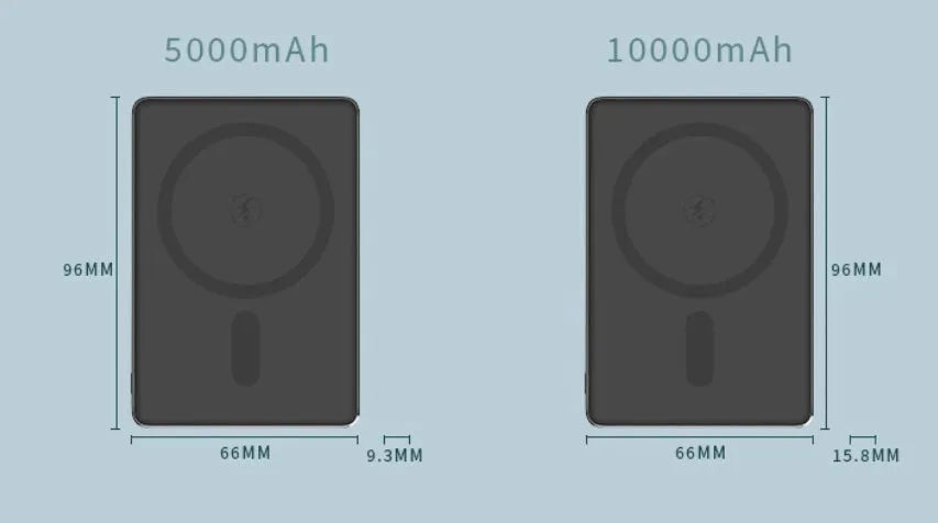 Slim aluminium magnetic power bank in deep space black colour, showing magnetic attachment to a smartphone.