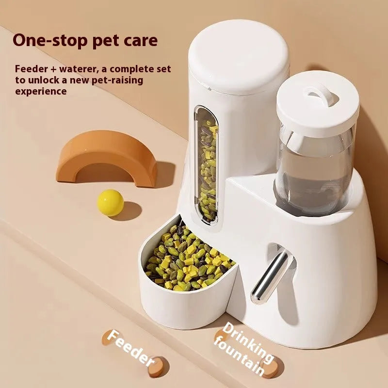White, blue, and pink hamster automatic water feeder with attached food dish in large and small sizes.