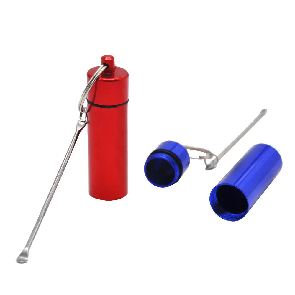 Aluminium portable pill storage bottle with keychain loop in one of five colour options: black, blue, gold, green, or red.