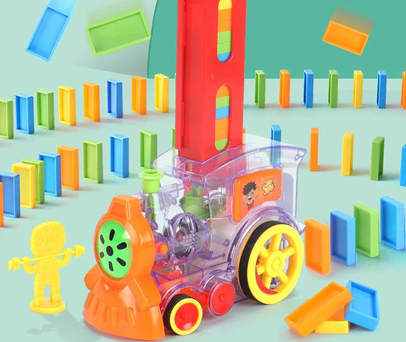 Orange ABS electric domino car toy with automatic launcher on track