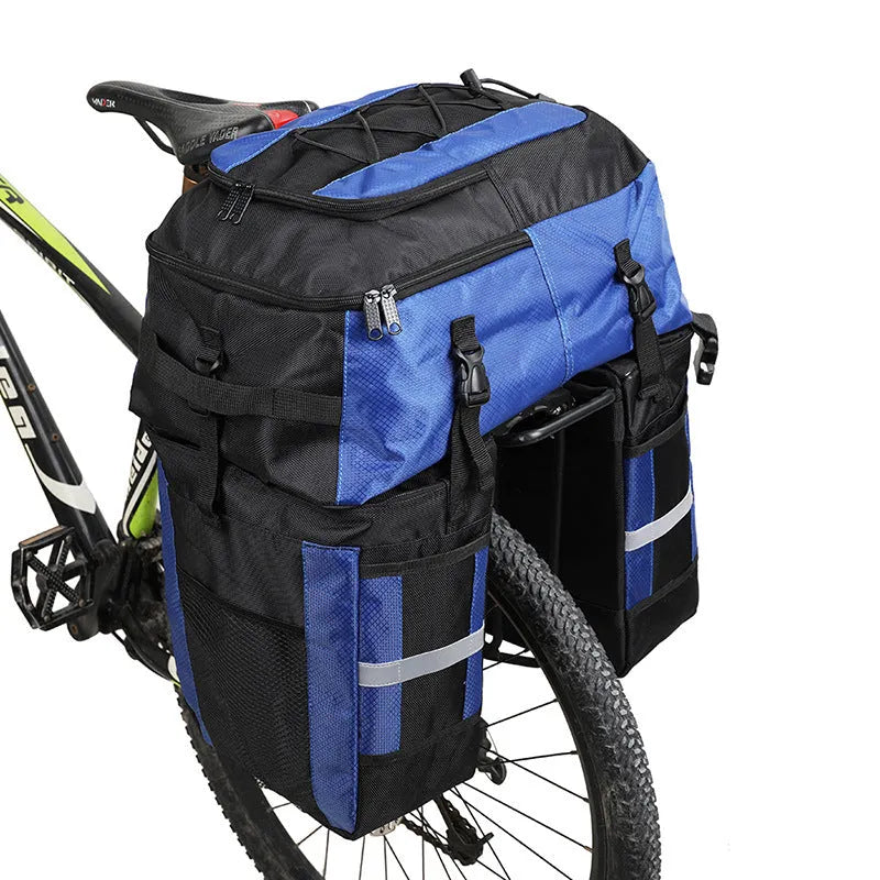 70 litre capacity blue polyester bicycle rear storage frame bag for long-distance touring.