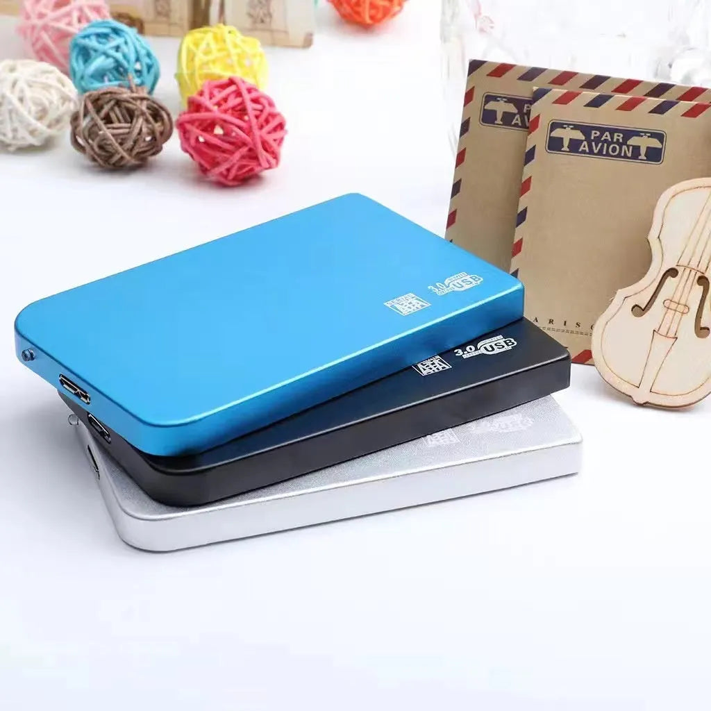 USB 3.0 solid state external hard drive with metal shell in black, blue, red, and silver colour options.