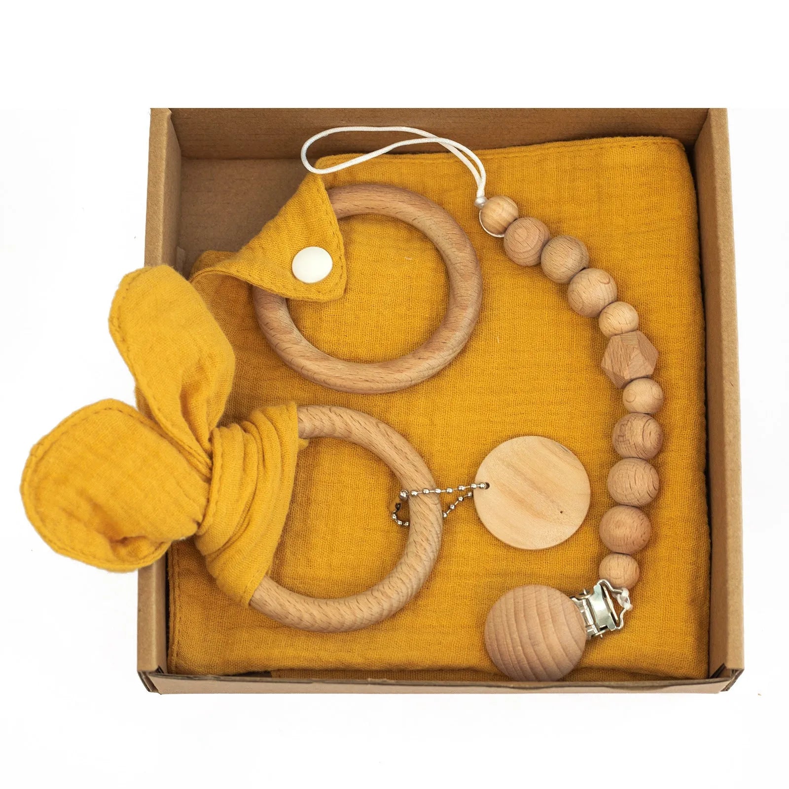 Baby teething gift set with wooden toys and large bamboo-cotton gauze blanket in assorted colours
