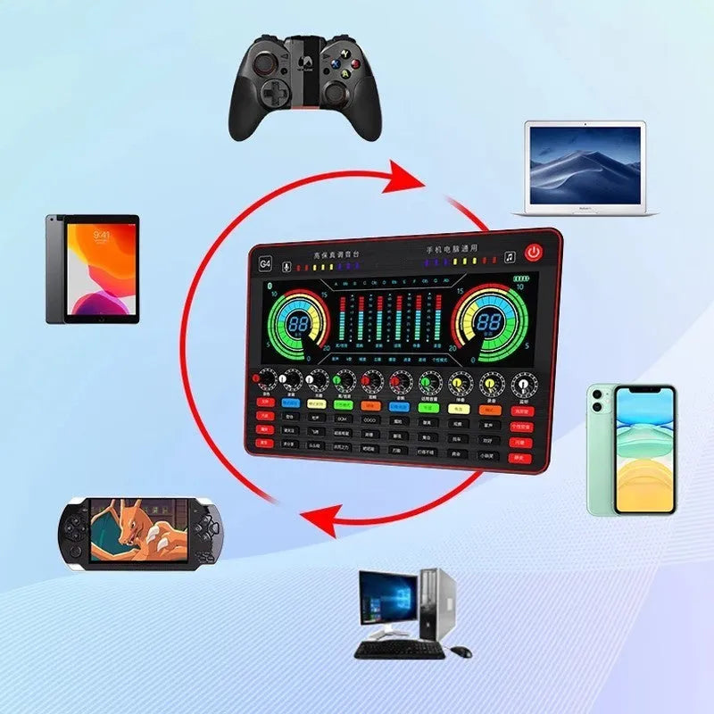 G4 professional live sound card mixer with colourful LCD screen and microphone on a desk.