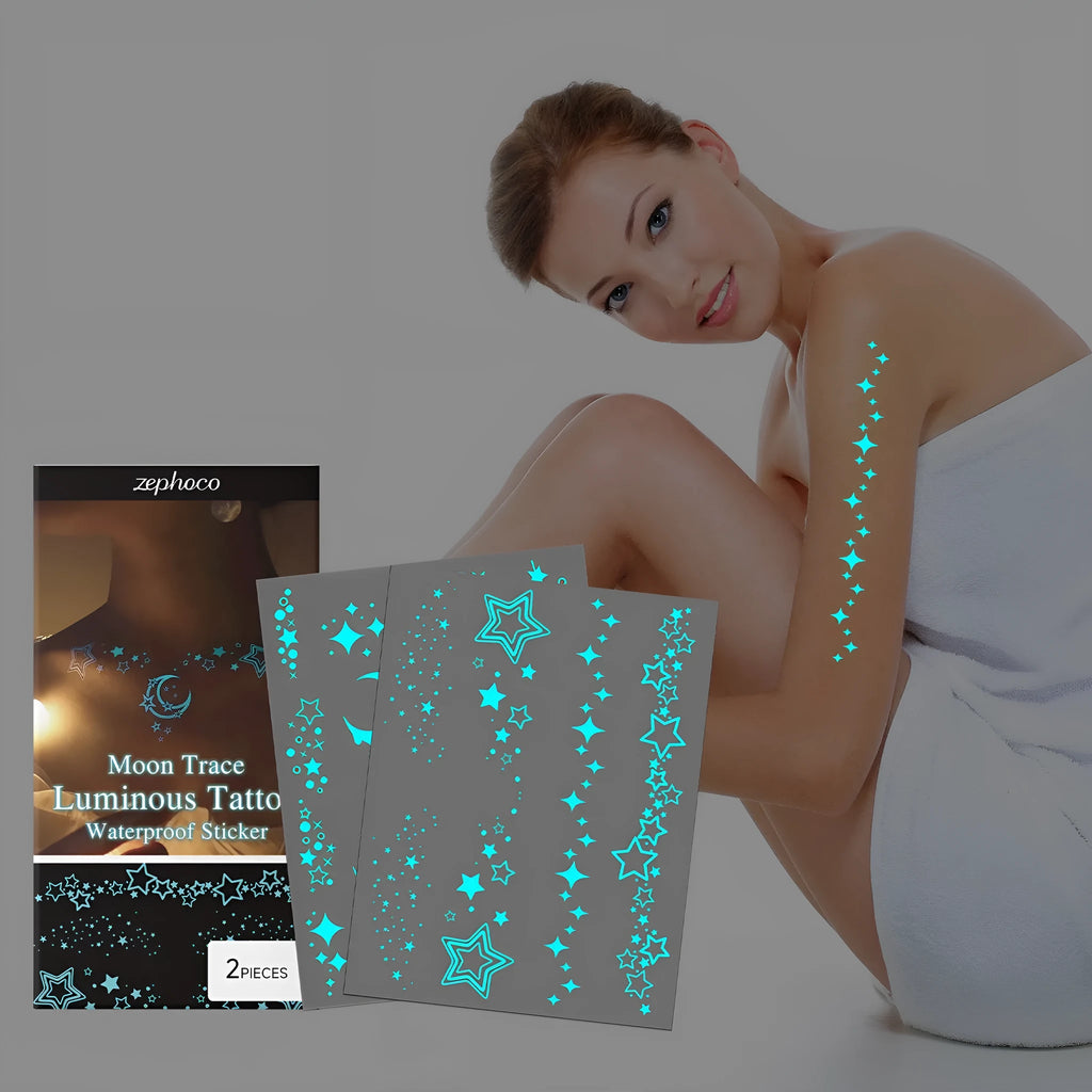 Two luminous glow-in-the-dark tattoo stickers and tube of tattoo paste for party body art.