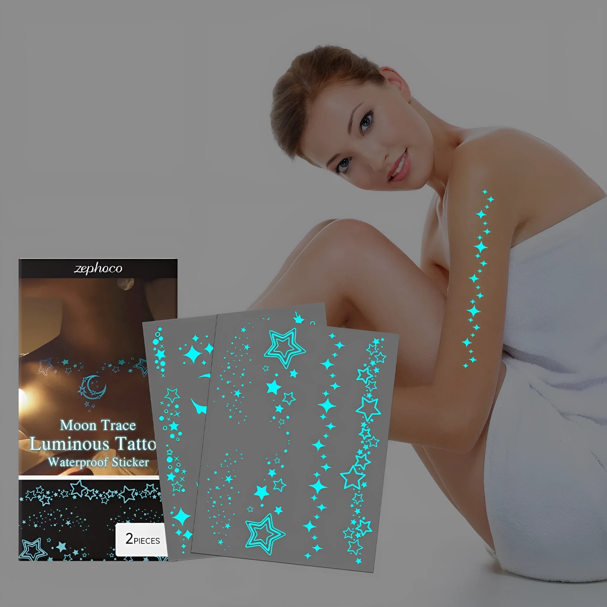 Two luminous glow-in-the-dark tattoo stickers and tube of tattoo paste for party body art.