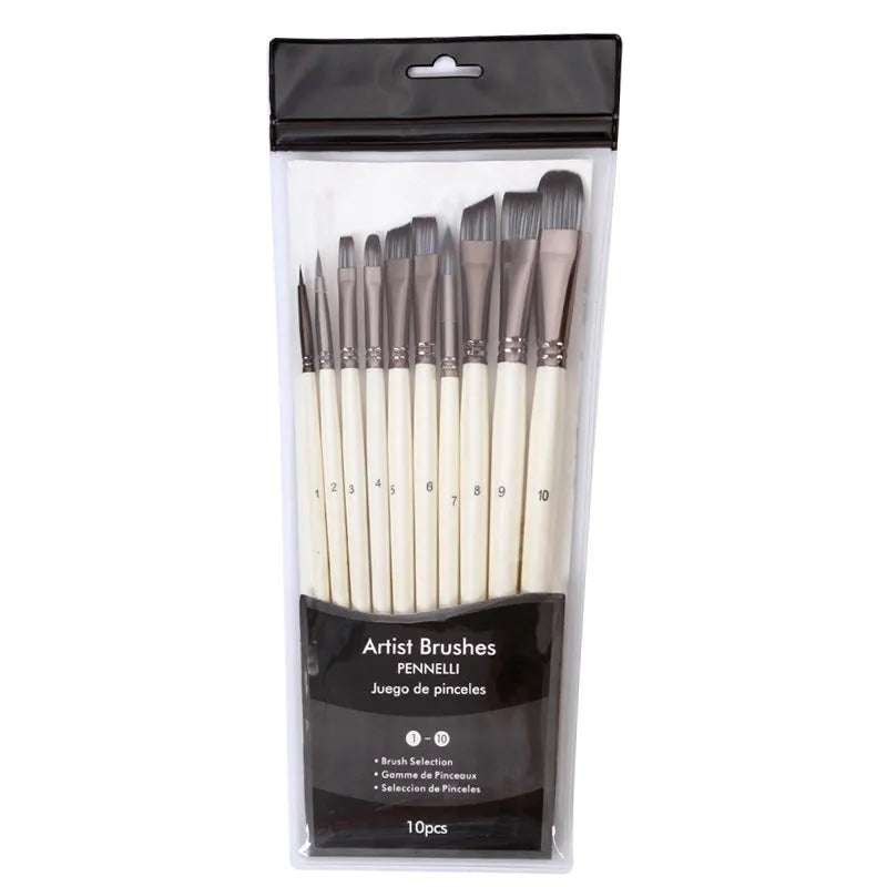 10 pearl white oil painting brushes with wooden handles and nylon bristles
