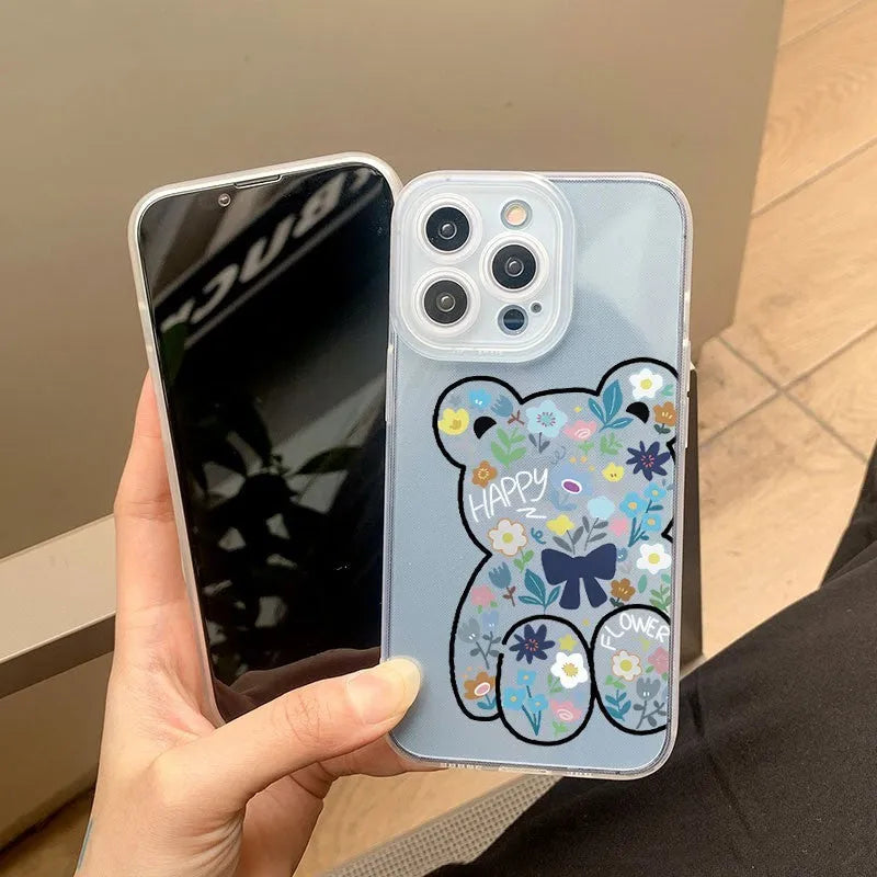 Bear flower TPU phone case for iPhone, back cover with playful bear pattern