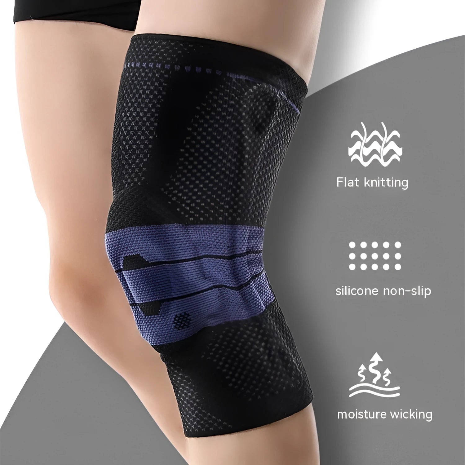 Adult sports knee pad in black and blue colour made from nylon and spandex material