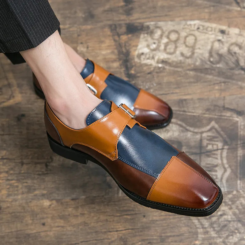 Men's brown blue retro style casual leather shoes with a buckle fastening.