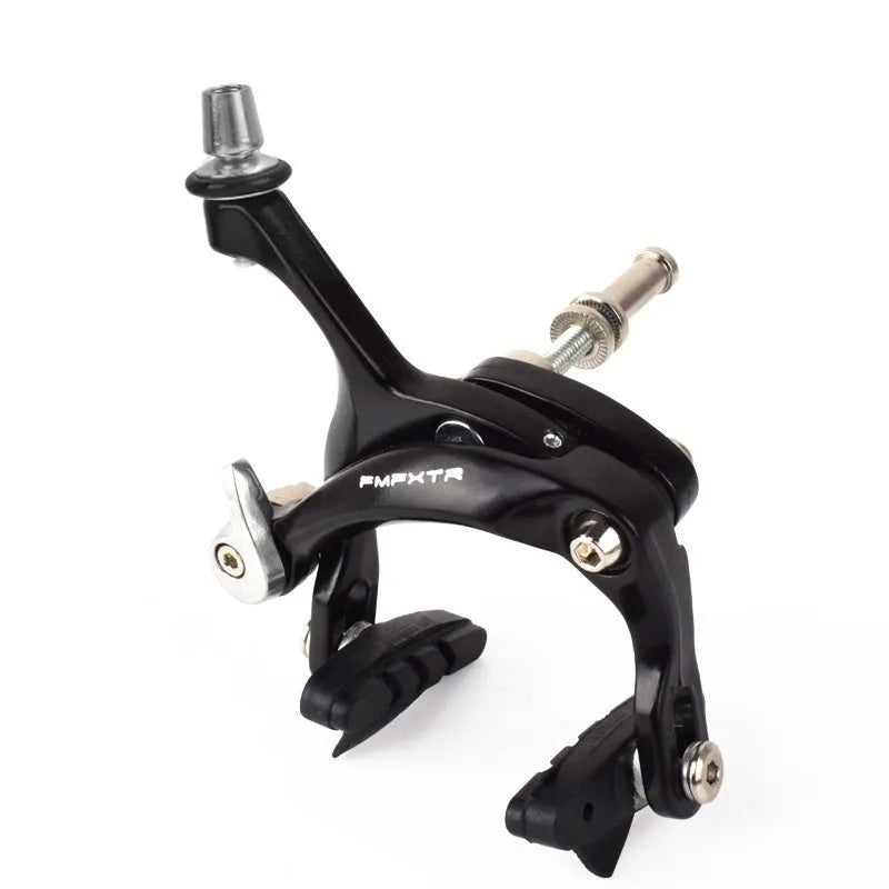 Black and silver U-shaped metal bicycle brake clamps with mounting screws for road bike installation.