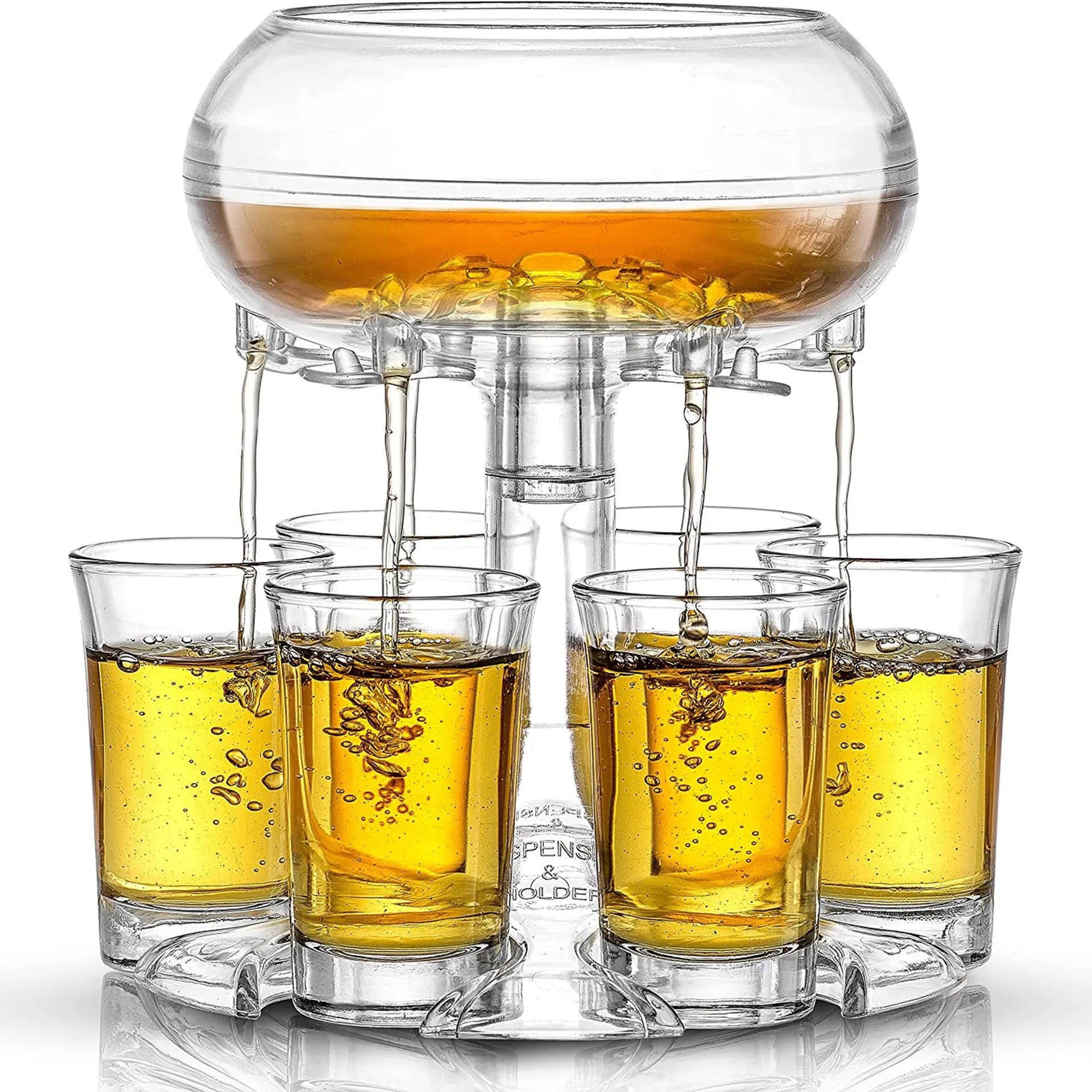 Clear PMMA 6-shot glass dispenser rack holding six shot glasses, a bar accessory for parties.