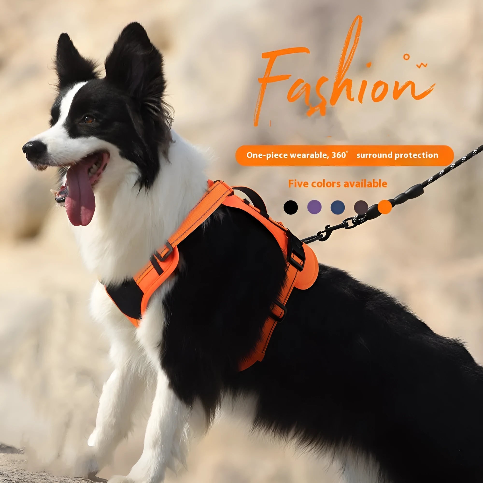 Orange dog harness with reflective trim, showing the explosion-proof chest strap and attached black hand-holding rope.