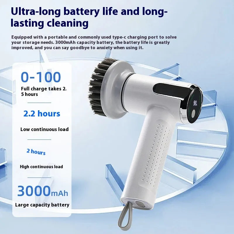 White wireless electric cleaning brush with replaceable head on a kitchen counter