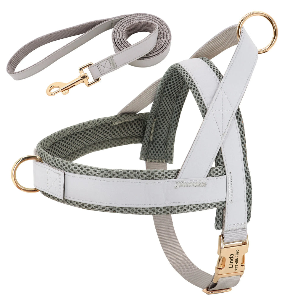 Personalized nylon dog harness leash set with bow tie, adjustable, in blue coffee grey red, sizes XS to L