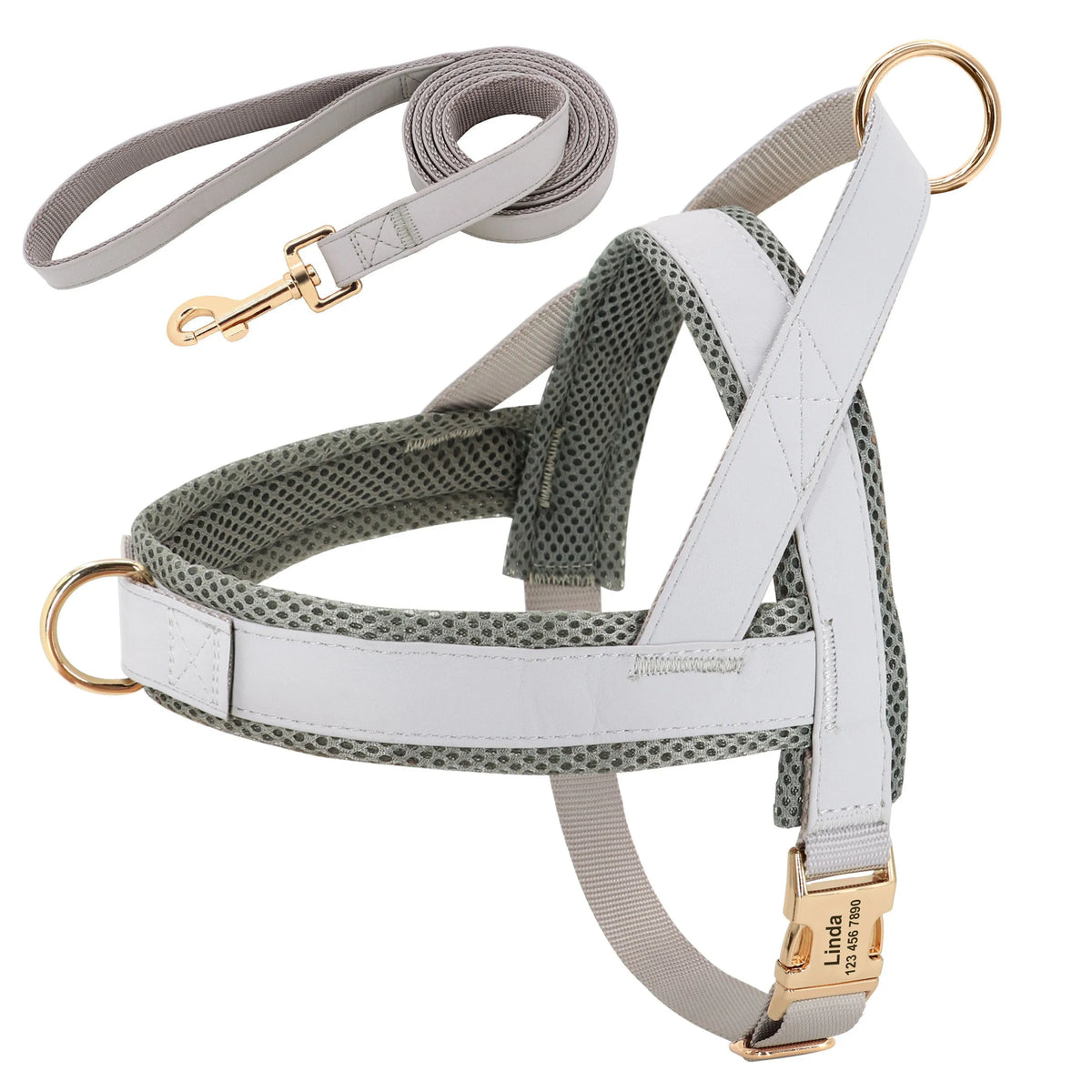 Personalized nylon dog harness leash set with bow tie, adjustable, in blue coffee grey red, sizes XS to L