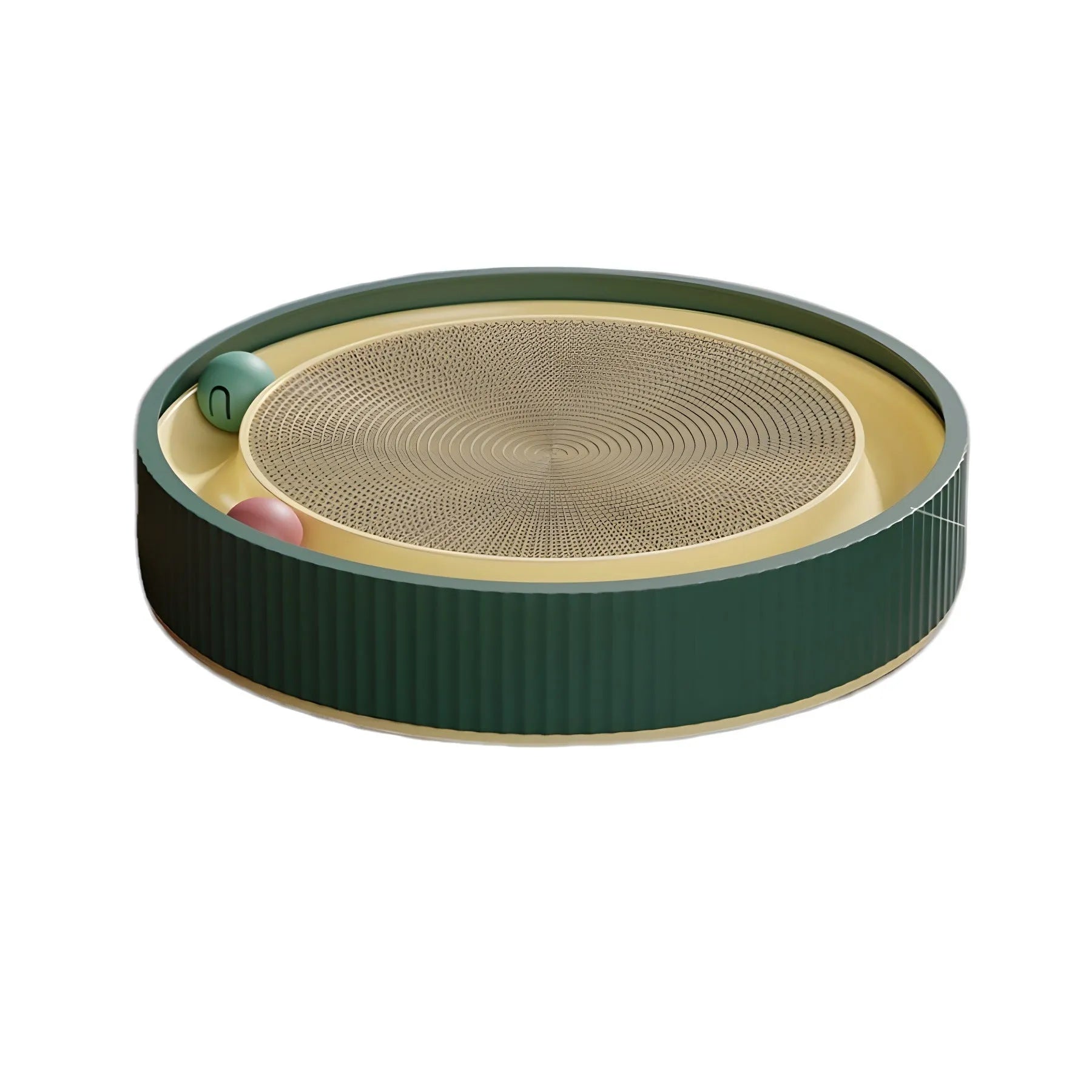 Large circular cat scratching board with moving ball toys and replaceable cardboard core