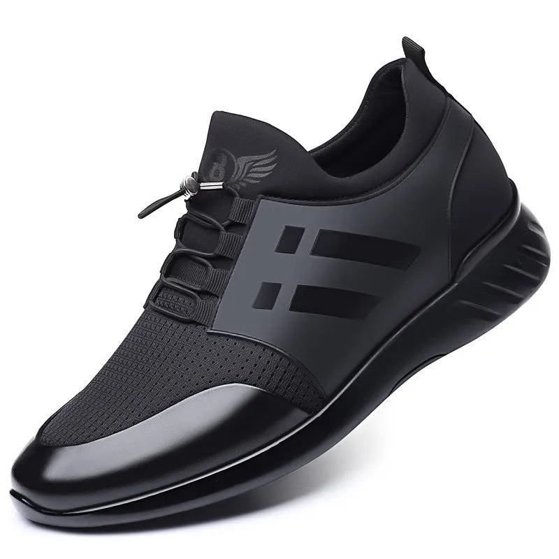 Men's black casual shoe with chunky rubber sole and round toe, shown in leather, mesh, and Lycra upper options.