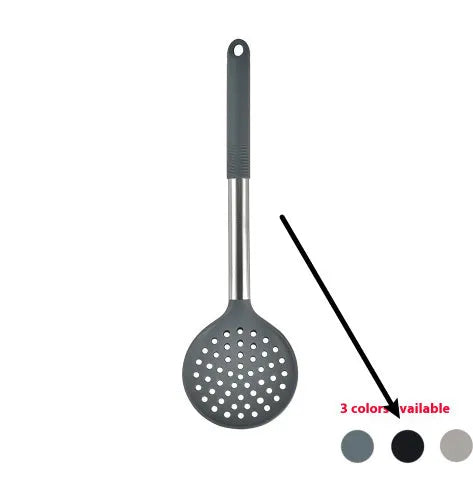 12-piece silicone kitchen utensil set in rotating storage bucket, showing spatula, ladle, and other tools.