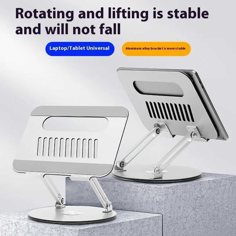 Silver aluminium alloy laptop stand in folded and extended positions showing rotation capability