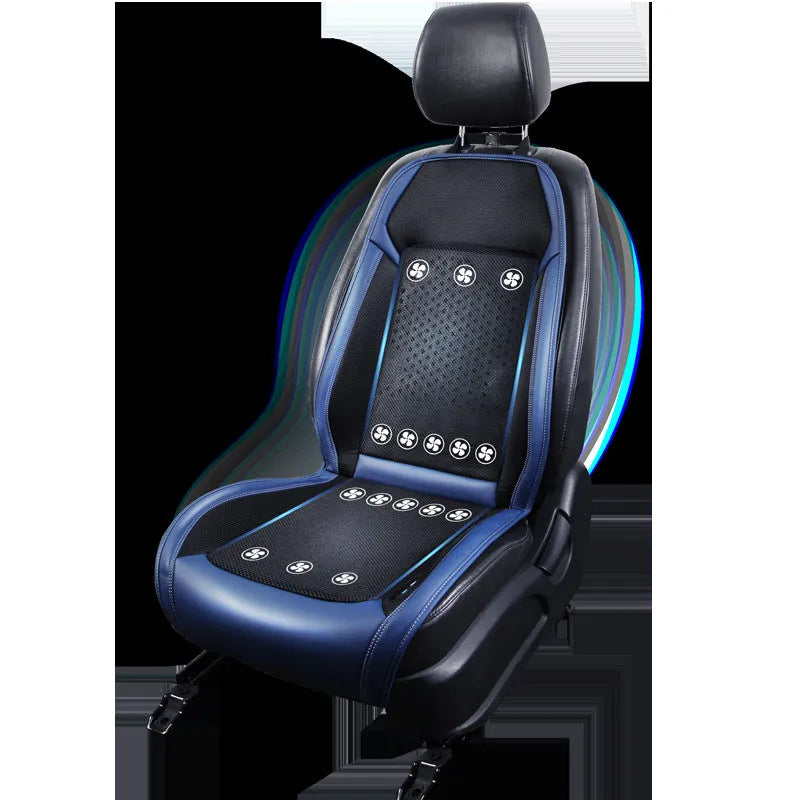 Minimalist black car seat cooling pad with USB-powered ventilation system for summer driving