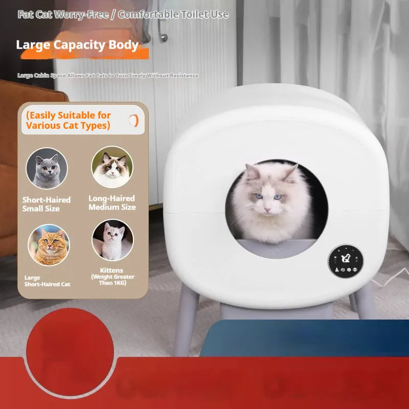 White intelligent automatic self-cleaning cat litter box with control panel on ABS plastic housing.