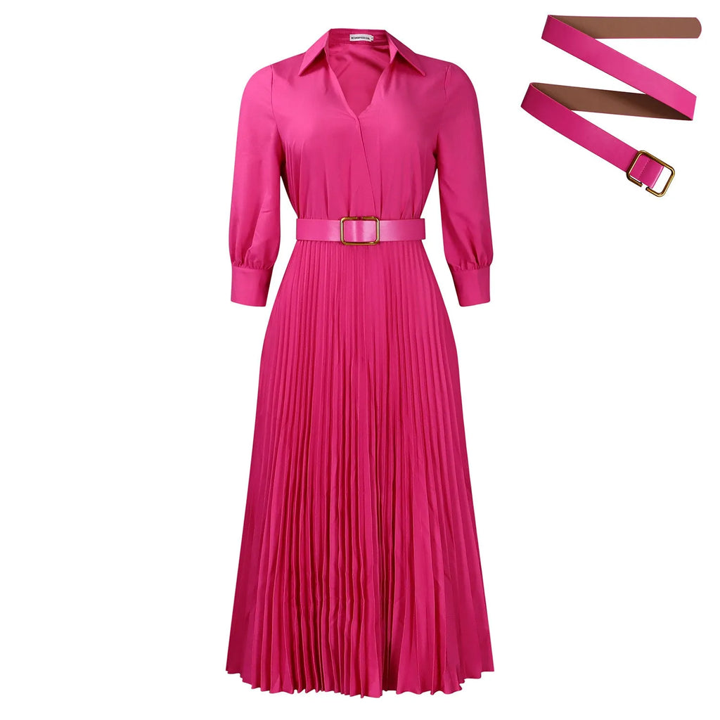 A woman's mid-length pleated swing dress with a polo collar, three-quarter sleeves, and an integrated belt at the high waist.