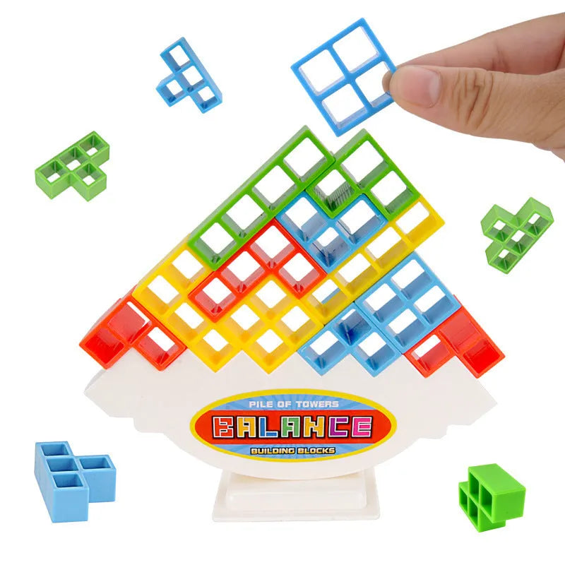Plastic balance stacking board game with coloured building blocks on chassis for kids and adults