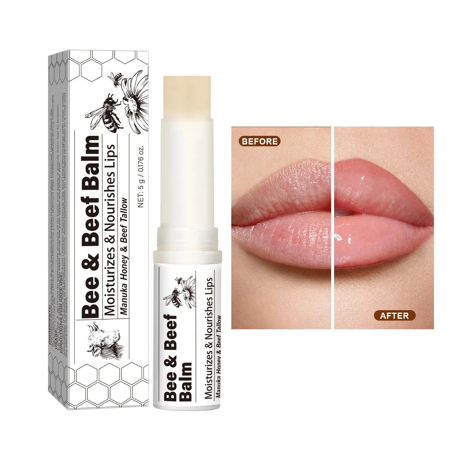 Organic Grass-fed Beef Fat Lip Balm in a 5g silver tin, 83mm tall.