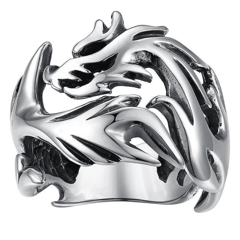 Adjustable Chinese dragon ring with luminous pattern in antique silver blue and green colour