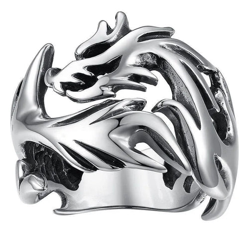 Adjustable Chinese dragon ring with luminous pattern in antique silver blue and green colour