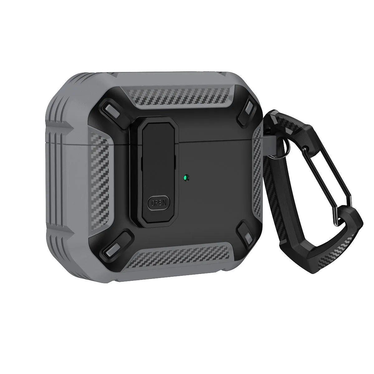 Hard plastic protective shell case with metal hook for Apple AirPods charging case in two-tone black and yellow.