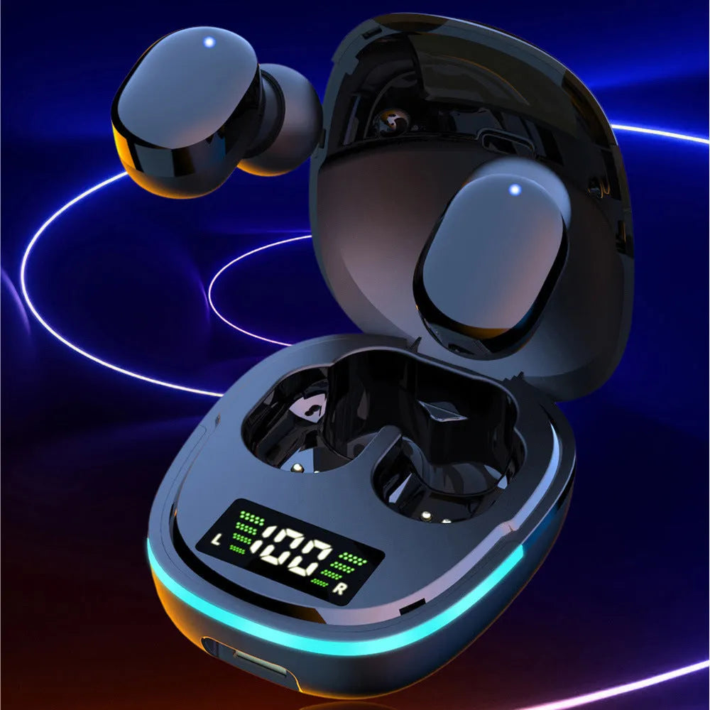 Black true wireless in-ear Bluetooth headphones with charging box showing digital battery display