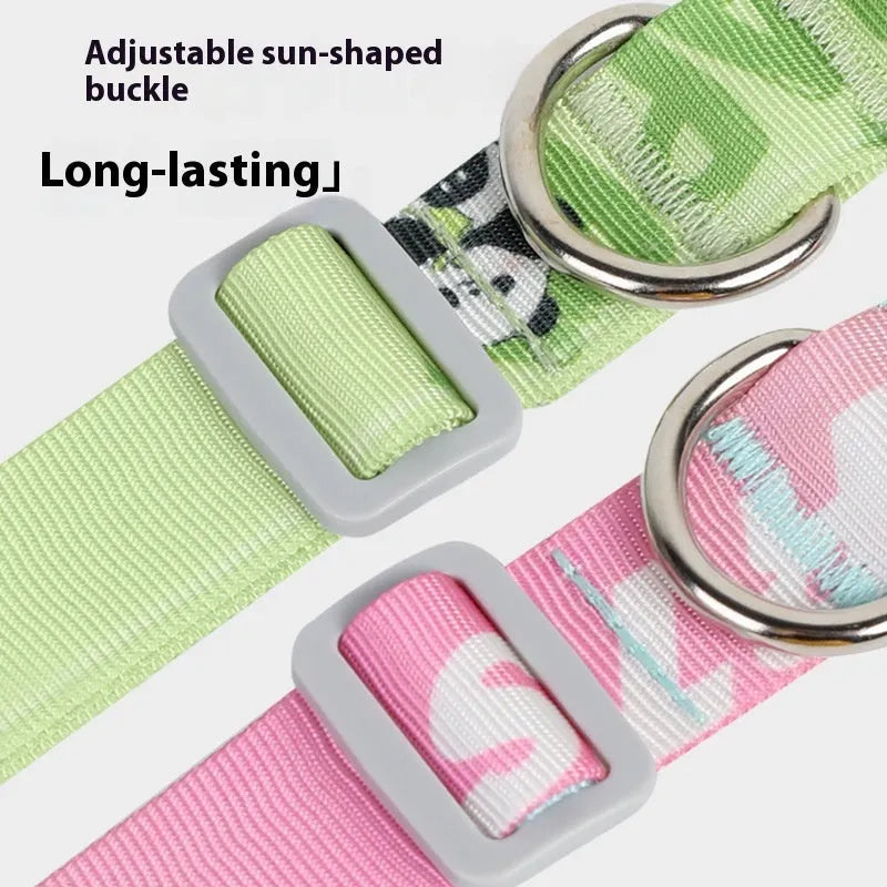 Adjustable nylon dog collar with cartoon gradient printing in panda green and other colours.
