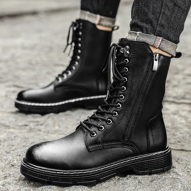 Men's black genuine leather high-top Martin boots with cotton lining and front lace-up, size 38-48
