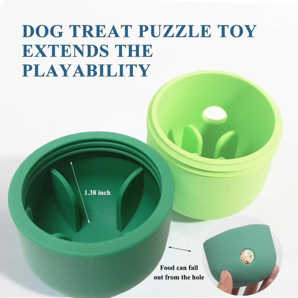 Food grade silicone dog treat dispensing puzzle ball in four colour combinations measuring 8×11cm