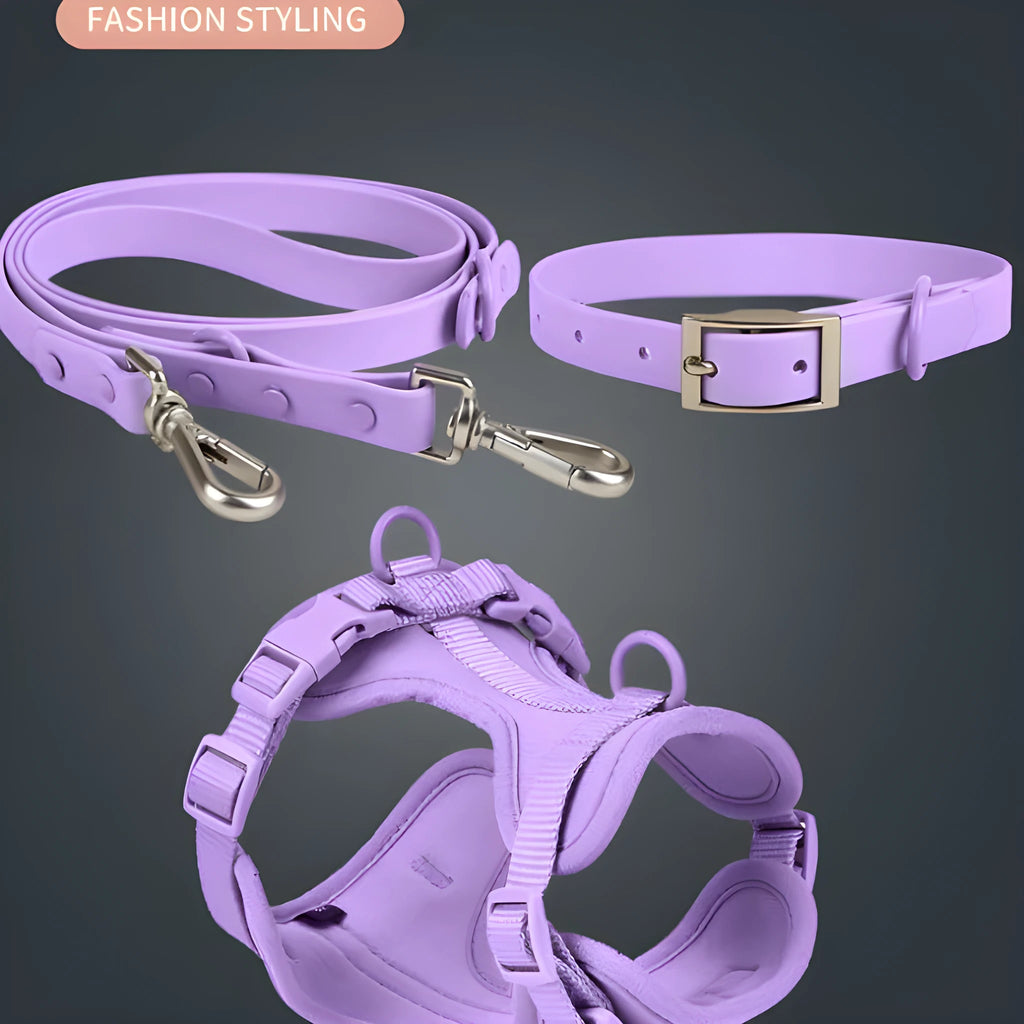 Waterproof PVC dog tactical chest back set with anti-bite collar, traction rope, toilet bowl, and chest and back piece in ten colours