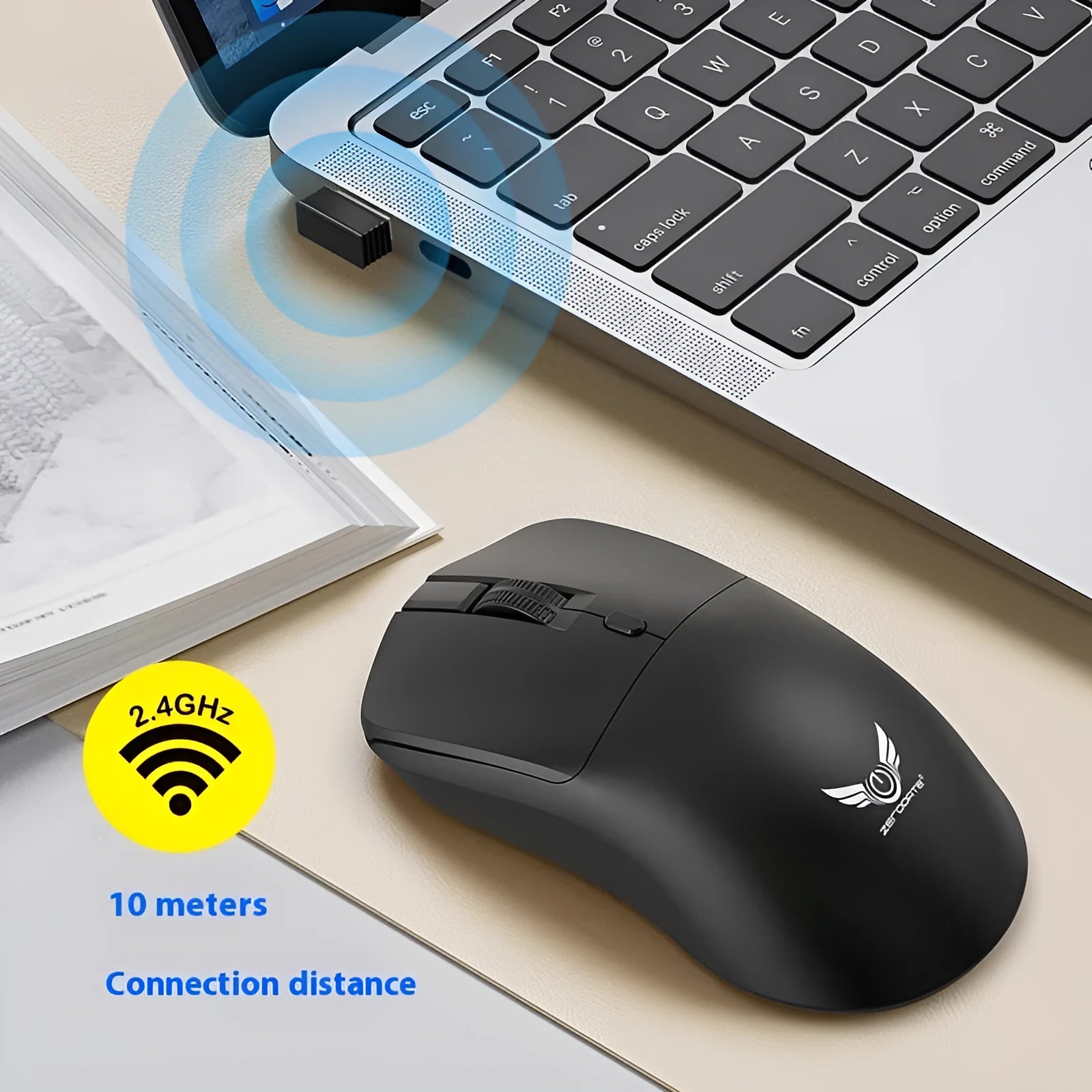 Black wireless mouse with three DPI settings and audio control button for laptop computers