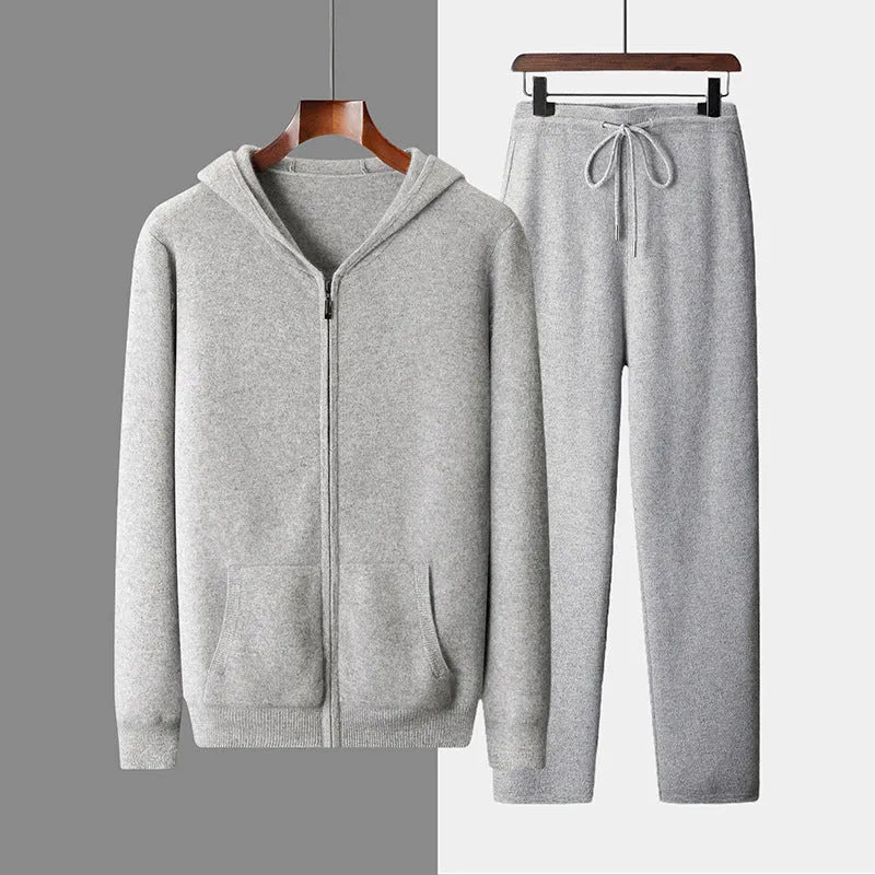 Men's wool coat casual pants suit hooded thickening long sleeve in light gray