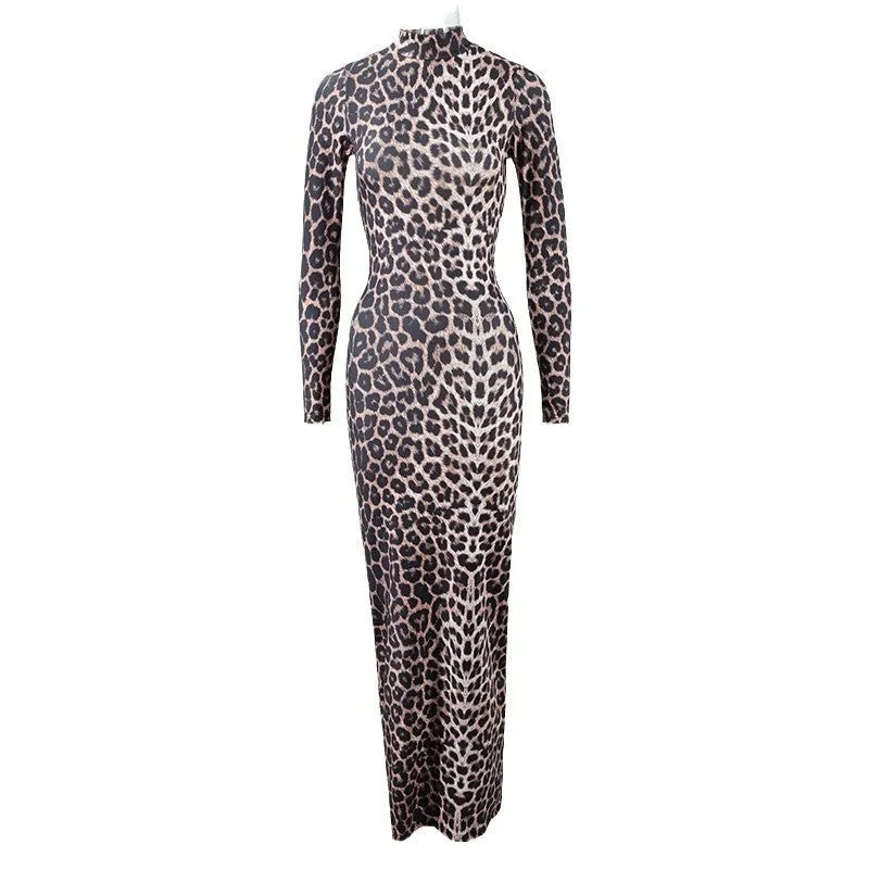 Leopard print long sleeve dress with stand collar and high waist hip skirt design