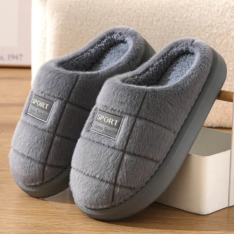 Grey and brown plaid men's winter slippers with thick EVA sole and wool lining.