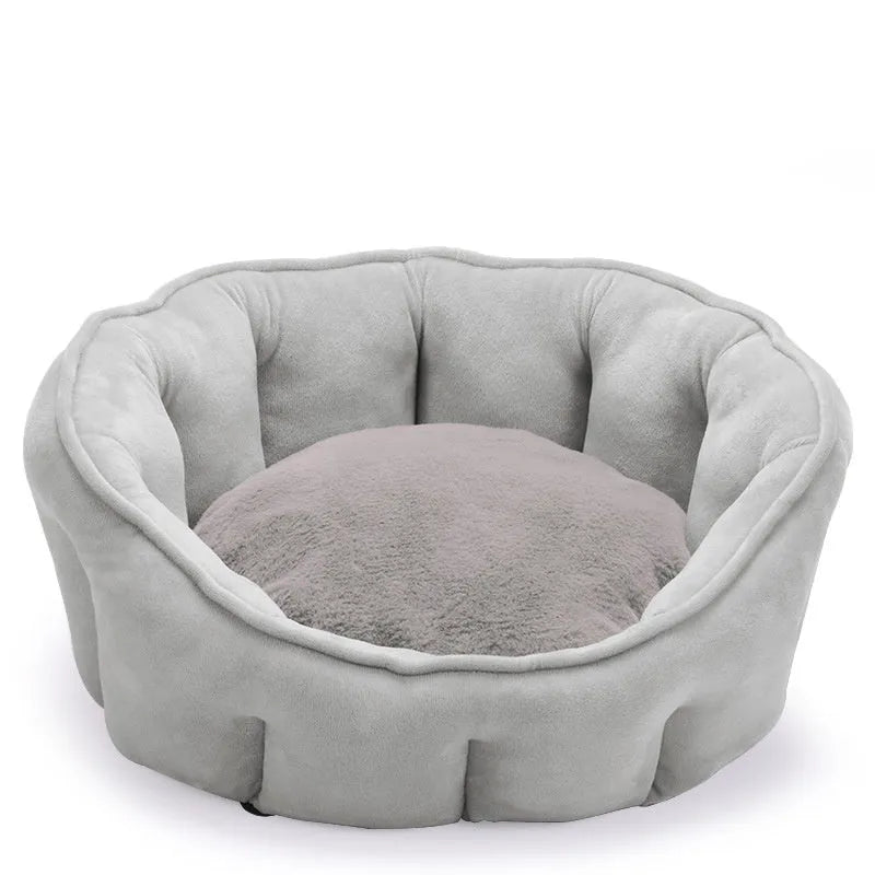 Grey cat kennel house with hammock attachment and plush interior, measuring 46cm square