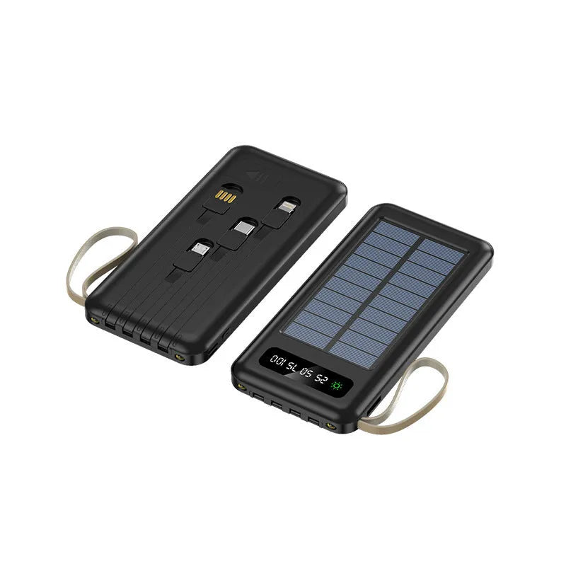 Cool black and ivory white solar power bank showing front display and solar panel.