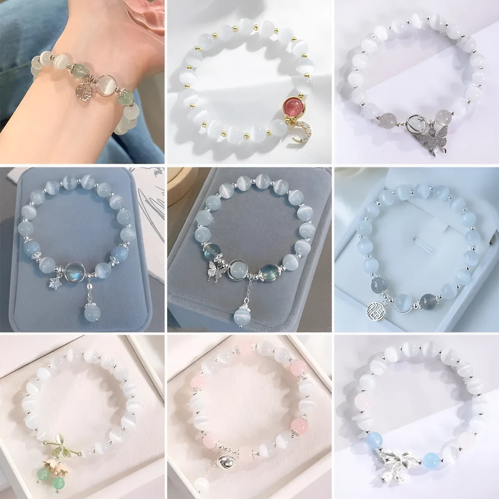Women's cat's eye stone beaded bracelet with electroplated opal stones in diamond shape.