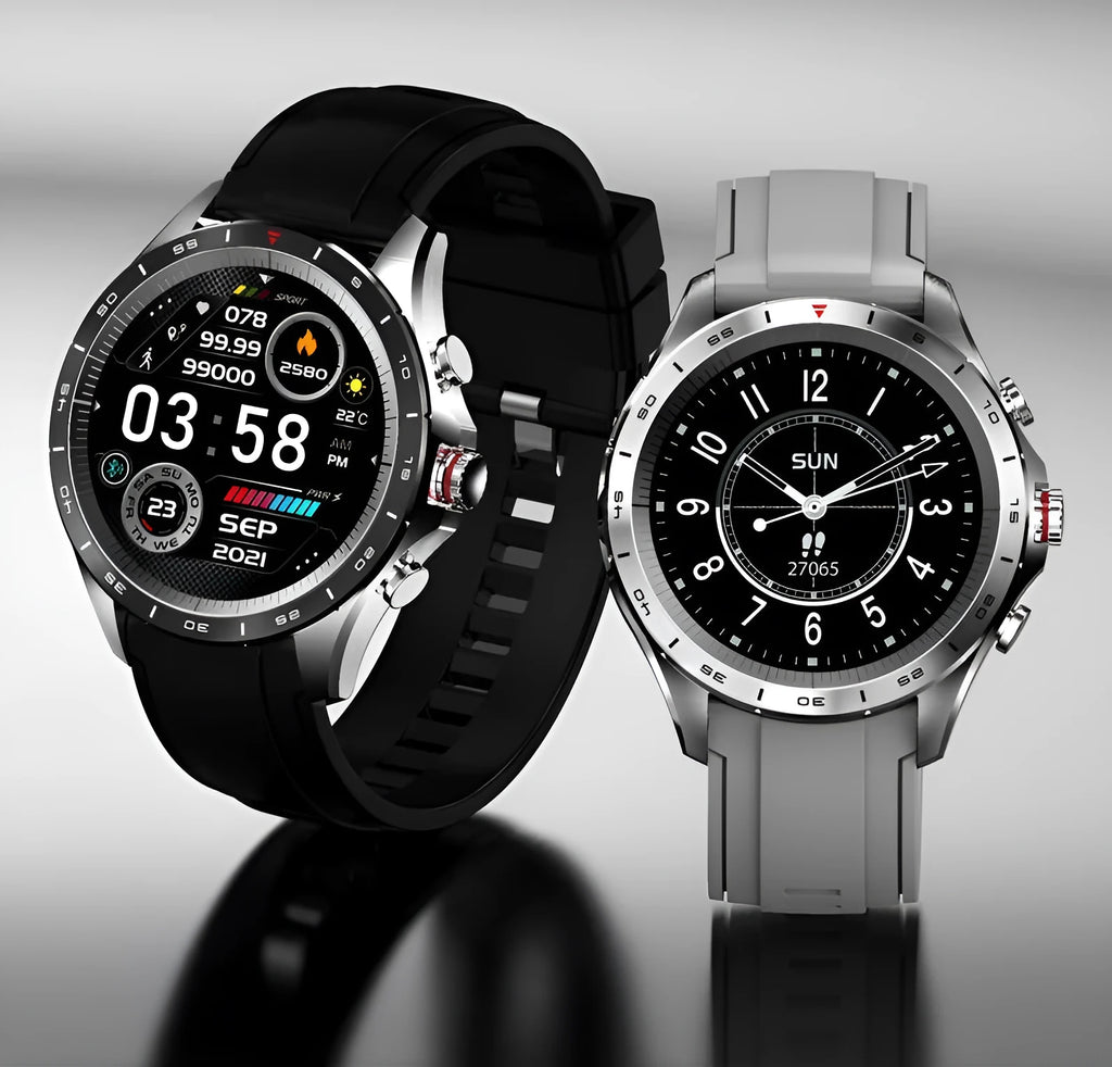 Men's black smart bracelet watch with zinc alloy screen and silicone band on a wrist.