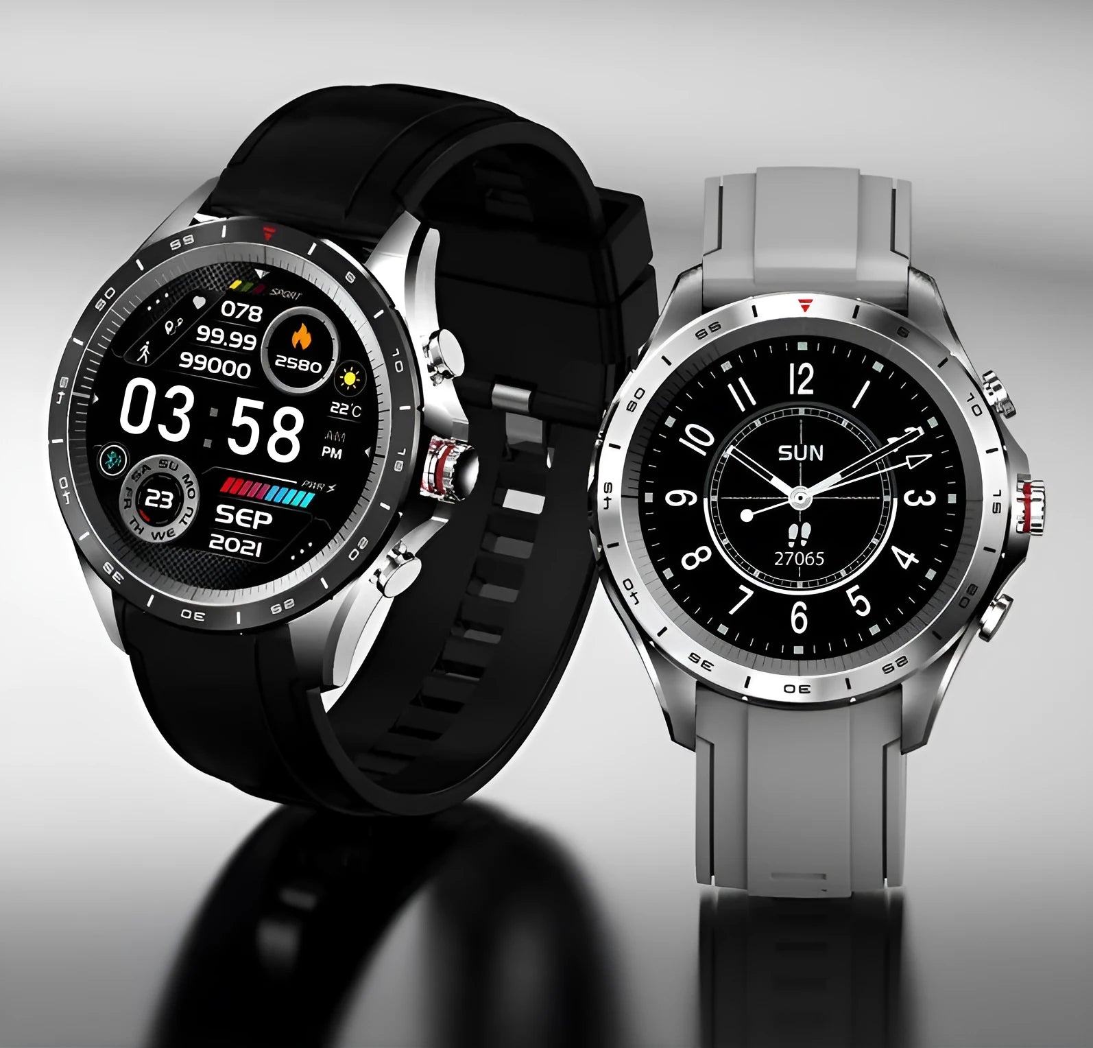 Men's black smart bracelet watch with zinc alloy screen and silicone band on a wrist.