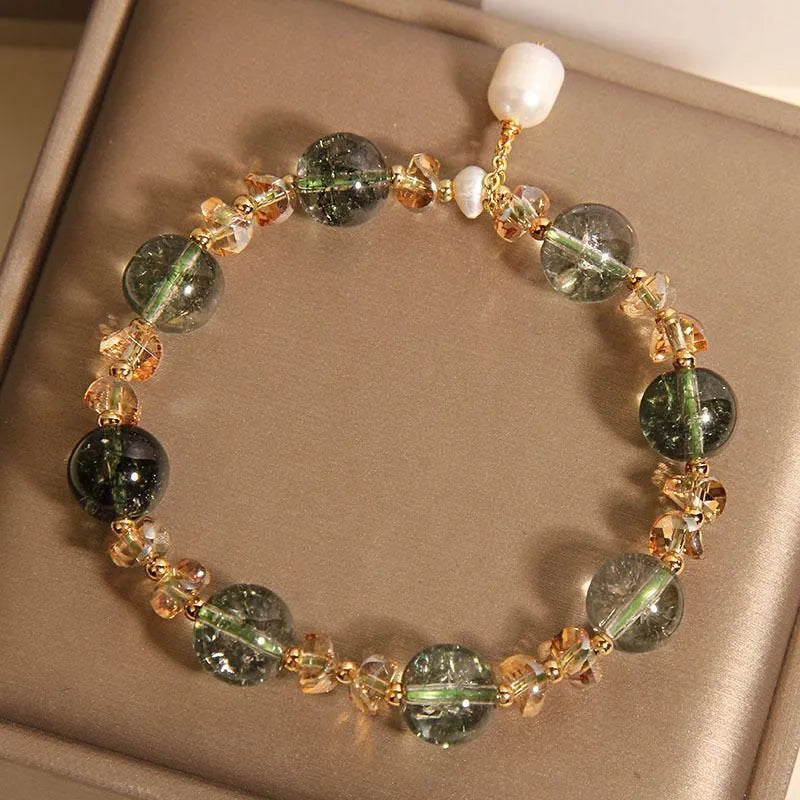 Natural chorite crystals crystal bracelet with green phantom quartz champagne beads