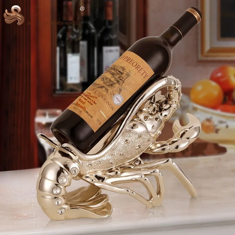 Lobster-shaped wine rack ornament in rose gold holding a wine bottle
