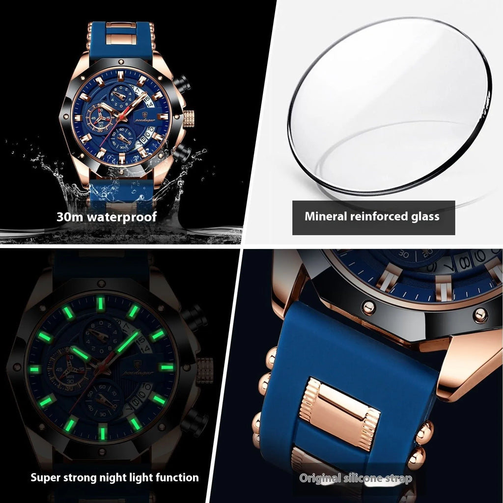 Men's chronograph watch with silicone strap and diamond-shaped dial in alloy case