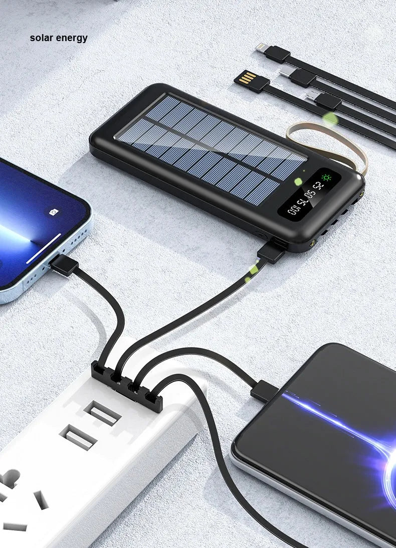 Cool black and ivory white solar power bank showing front display and solar panel.